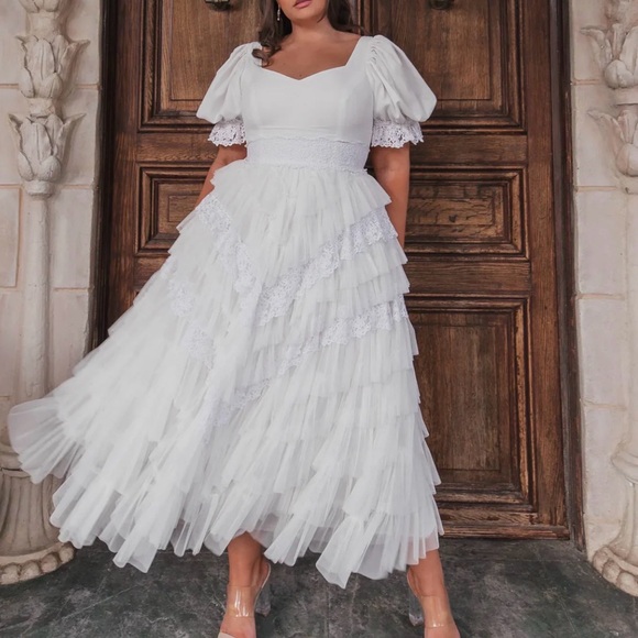 JessaKae Dresses & Skirts - JessaKae White Lace Puff Sleeve Midi Dress